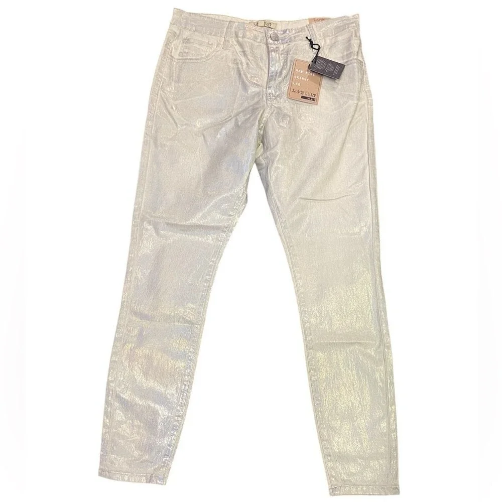 Love Cult‎ Denim Mid Rise Skinny Leg, Silver Foil Holographic Jeans Large NWT